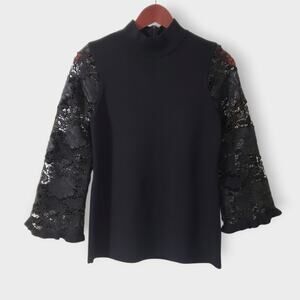 NWT Chico's Black Mockneck Floral Lace Flare Sleeve Top Sz Sm Goth Fairy Romance